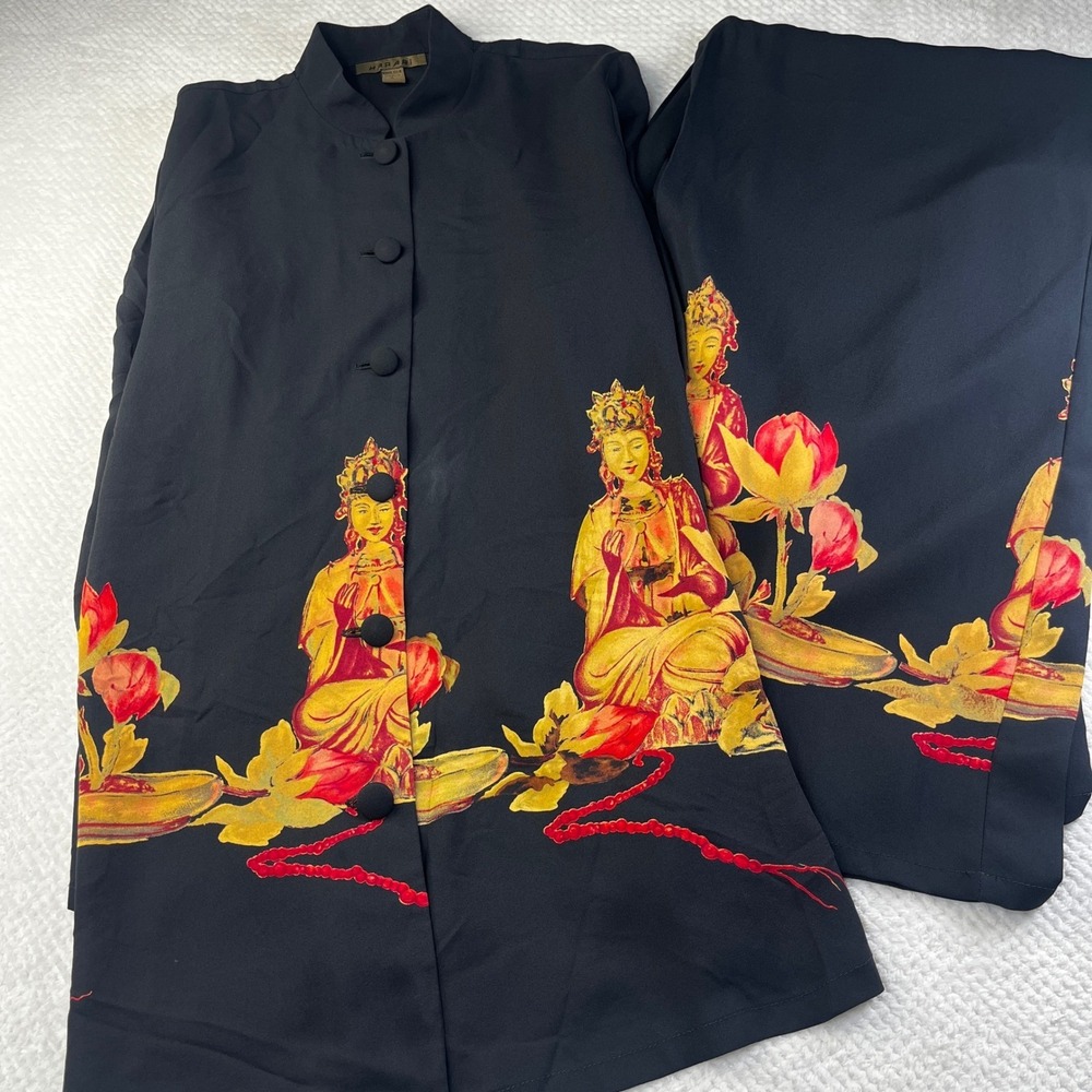 Harari Mako Quan Yin Silk 2 Piece Set Tunic Wide Leg Pants Black Red Gold Large